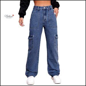 High Rise Cargo Jeans, Stretch Wide Leg Denim Pants, Elastic Waist